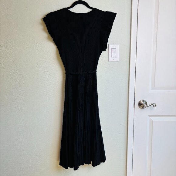 Adrianna Papell Ribbed Knit Flutter Sleeve Black Midi Dress Belted NWT - Picture 8 of 9